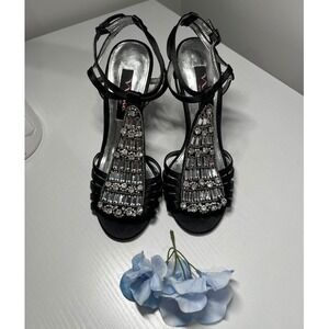 Nina Black Satin Crystal Embellished T-Strap Evening Heels Stiletto Sandals 6M